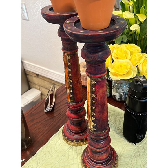 Handcrafted Bohemian-Style Wooden Candle Holders With Brass & Mirror Detailing - - Picture 2 of 4
